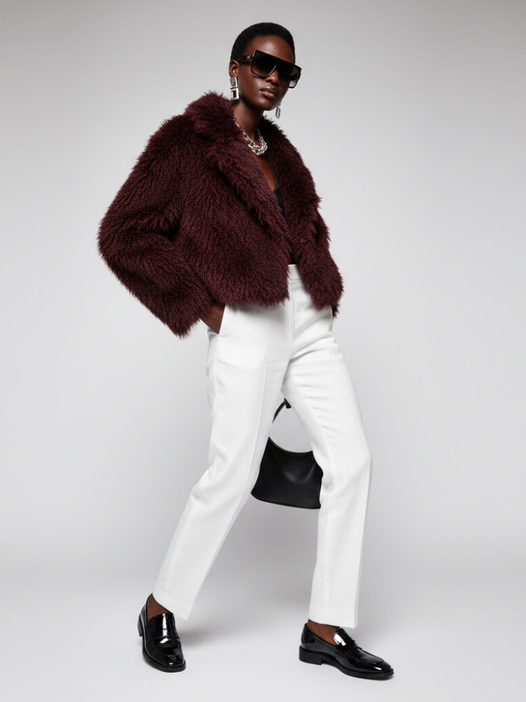 Women's Faux Fur Cropped Jacket BURGUNDY - CARROLL GARDENS: New Collection COUTURE in BROOKLYN - BYMANYC ® New York-1