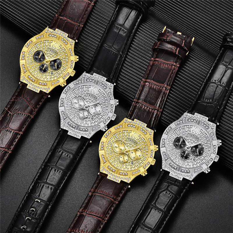 Montre à quartz pour homme avec faux trois yeux et diamants incrustés
