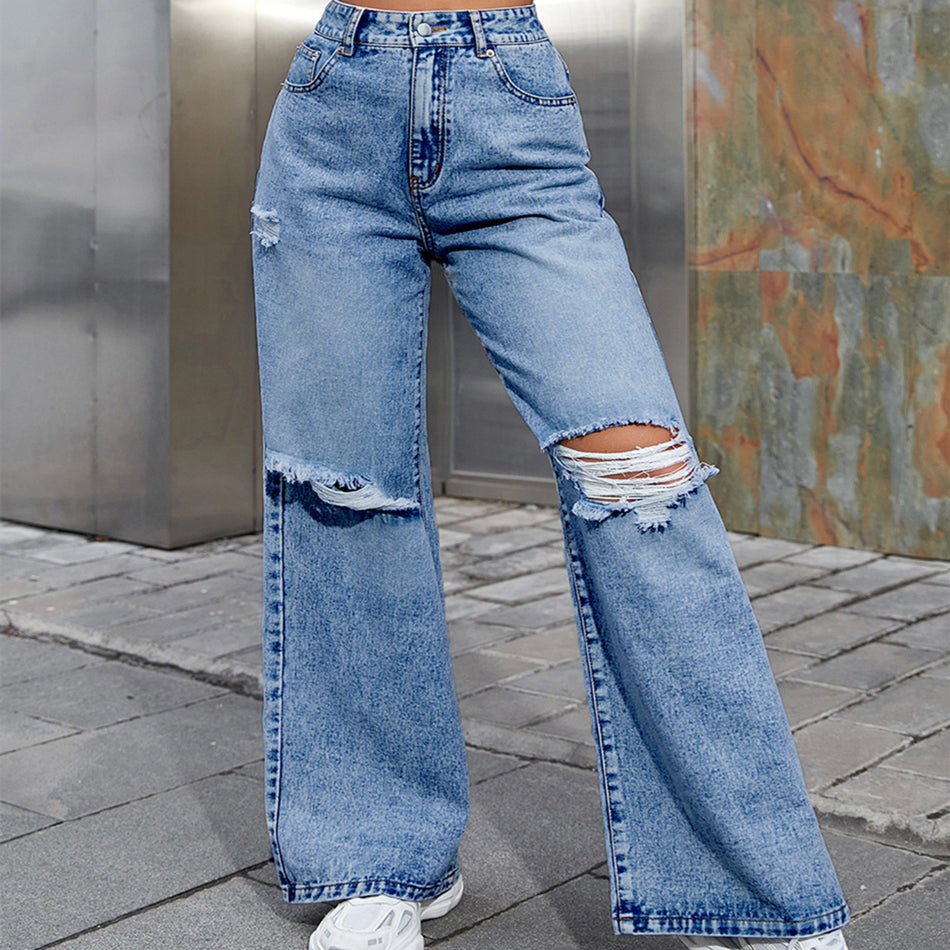 Pantalon en jean décontracté taille haute à trous pour femme