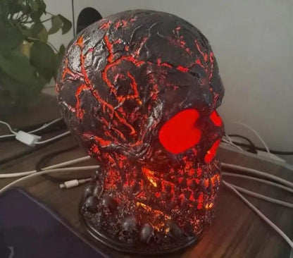 Halloween lava stone skull lamp with red glowing eyes