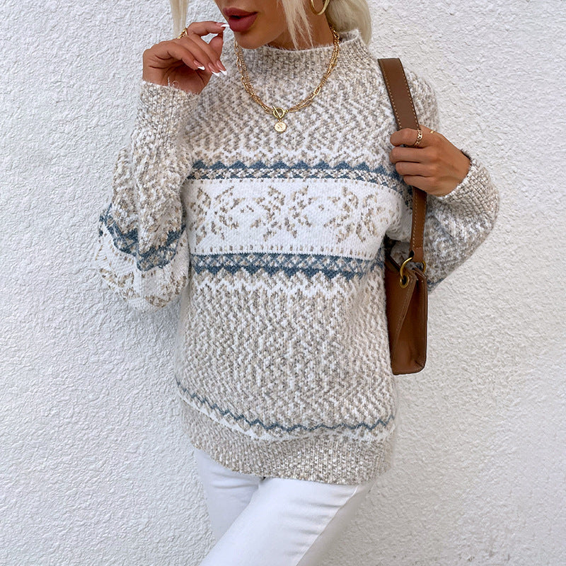 Suéter de copo de nieve de invierno, jersey de cuello alto medio, tops de punto, ropa navideña para mujer
