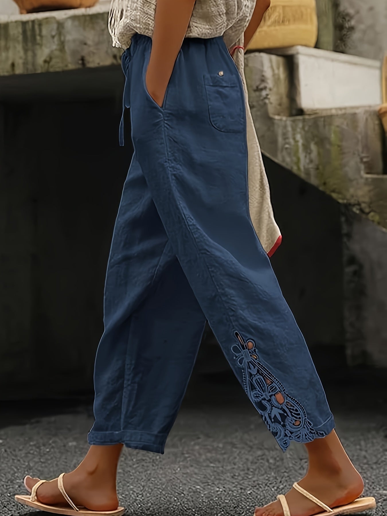Pantalon droit décontracté en dentelle avec cordon de serrage pour femme
