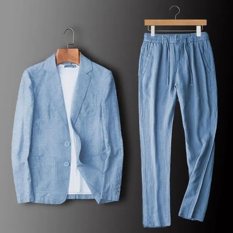 Men's light blue linen two-piece suit set with blazer and trousers, slim fit, breathable.