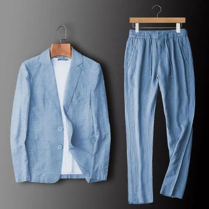 Men's light blue linen two-piece suit set with blazer and trousers, slim fit, breathable.