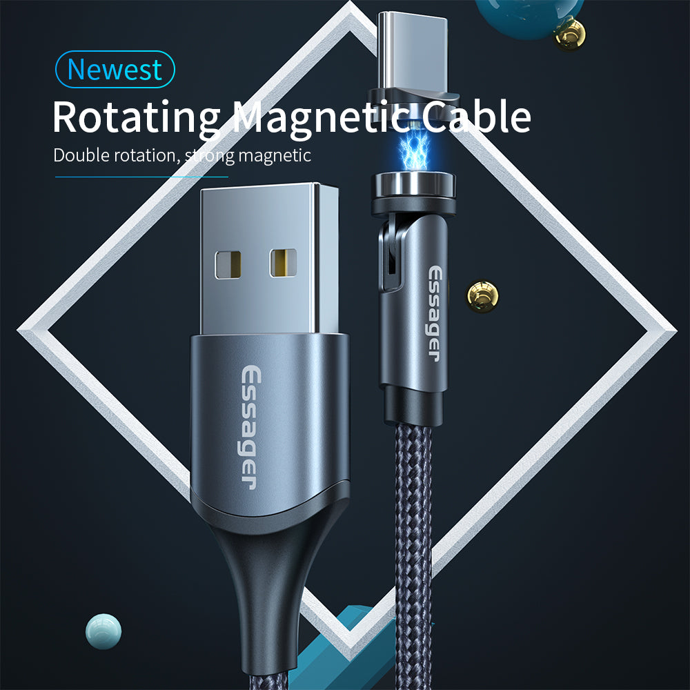 Câble magnétique rotatif Essager – Câble de charge USB Type C rotatif à 360 degrés – Chargeur magnétique à charge rapide – Câble magnétique micro rotatif à 540 degrés