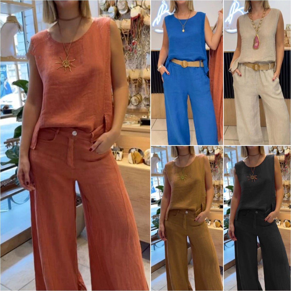 Ensemble deux pièces décontracté pour femme, pantalon sans manches en coton et lin à col rond et gilet