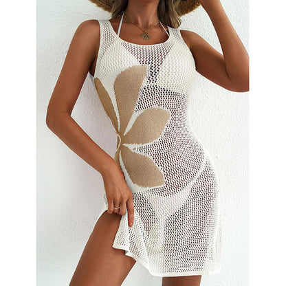 Robe de plage tricotée jacquard ajourée avec protection solaire
