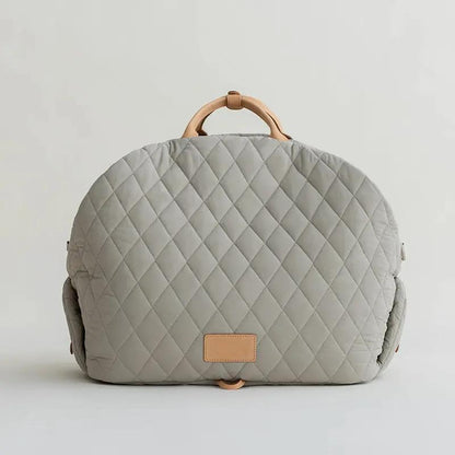 Pet handbag quilted gray fabric with tan leather handles and front patch