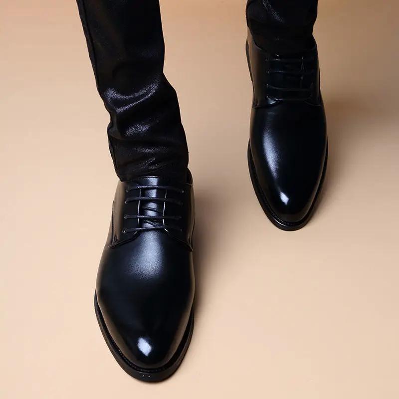Mens British-style height-increasing lace-up pointed-toe Oxford shoes, black leather, AdTec