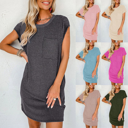 Vestido de Bolsillo de Manga Corta a Rayas para Mujer