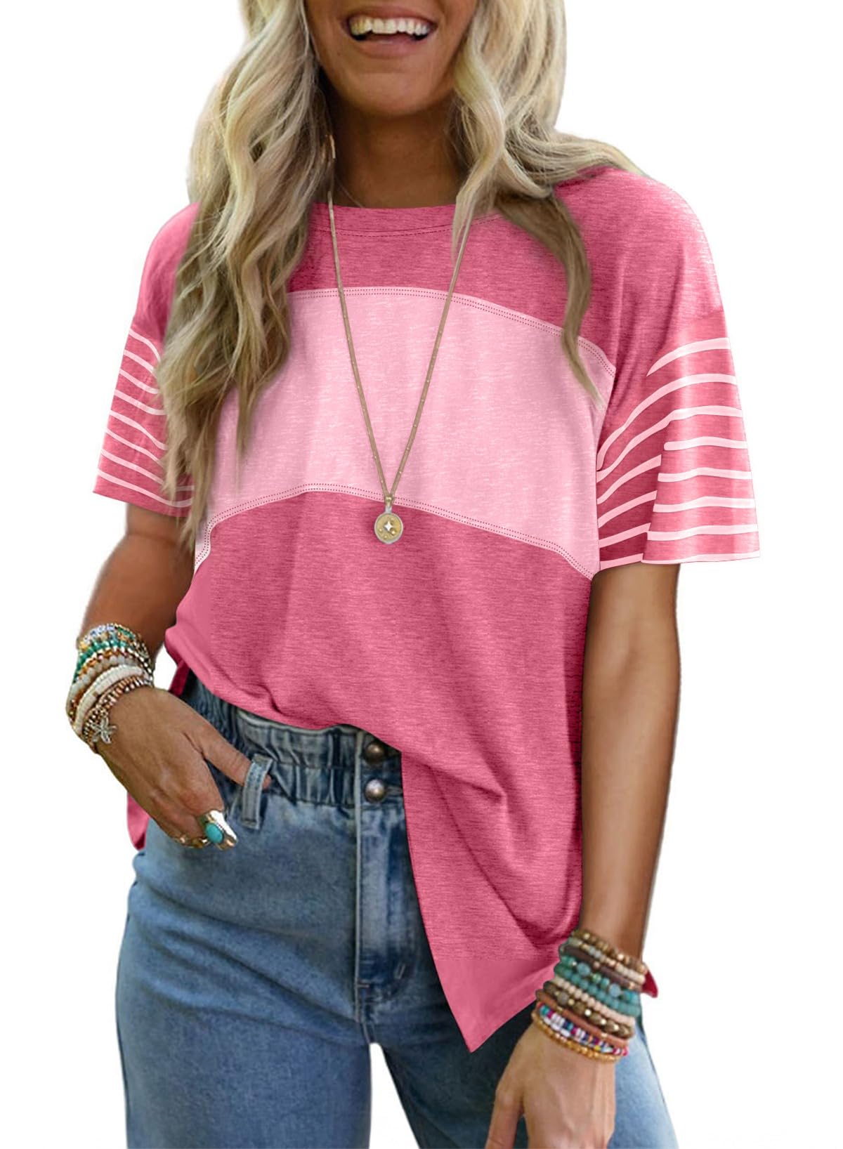 T-shirt à manches courtes rayé et color-block décontracté à col rond pour femme