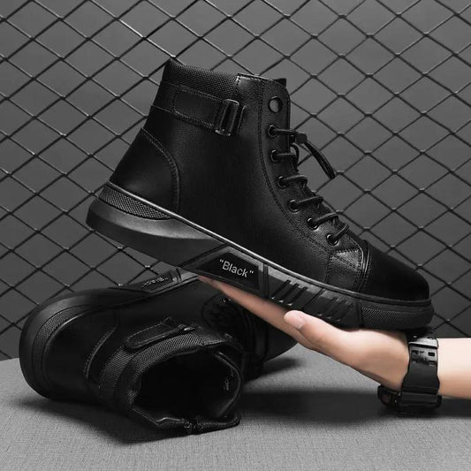 Men's black leather boots, plus-size fit, lace-up combat style.