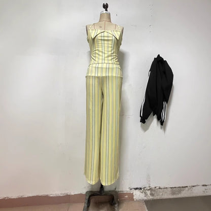 Ensemble deux pièces sexy : bandeau rayé sans bretelles et pantalon décontracté taille haute
