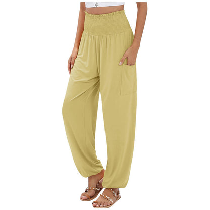 Pantalon décontracté large taille haute à taille élastiquée