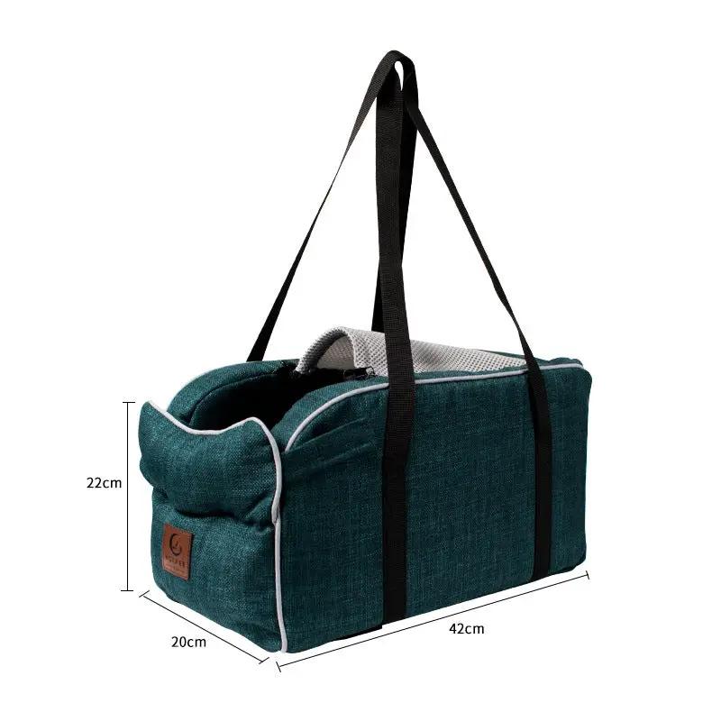 AdTec car travel pet bag, breathable teal fabric with black straps, 42x22x20 cm