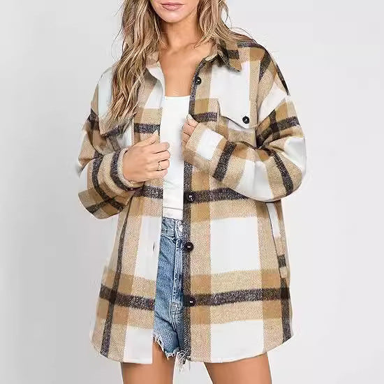 Chaqueta de cuadros con hebilla para mujer, a la moda, informal, de manga larga