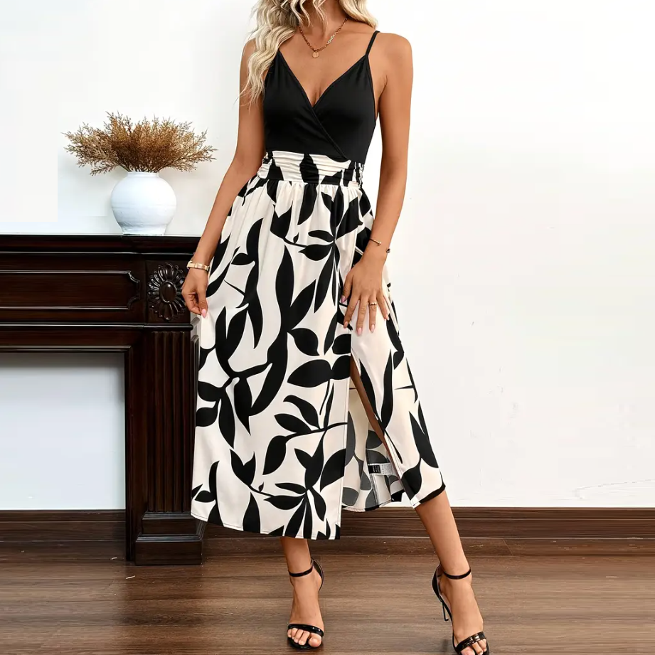 Elegant Floral Print Sleeveless Extra Long High Slit Dress