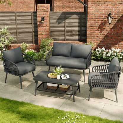 Ensemble de jardin 4 places avec table basse de rangement en bois composite