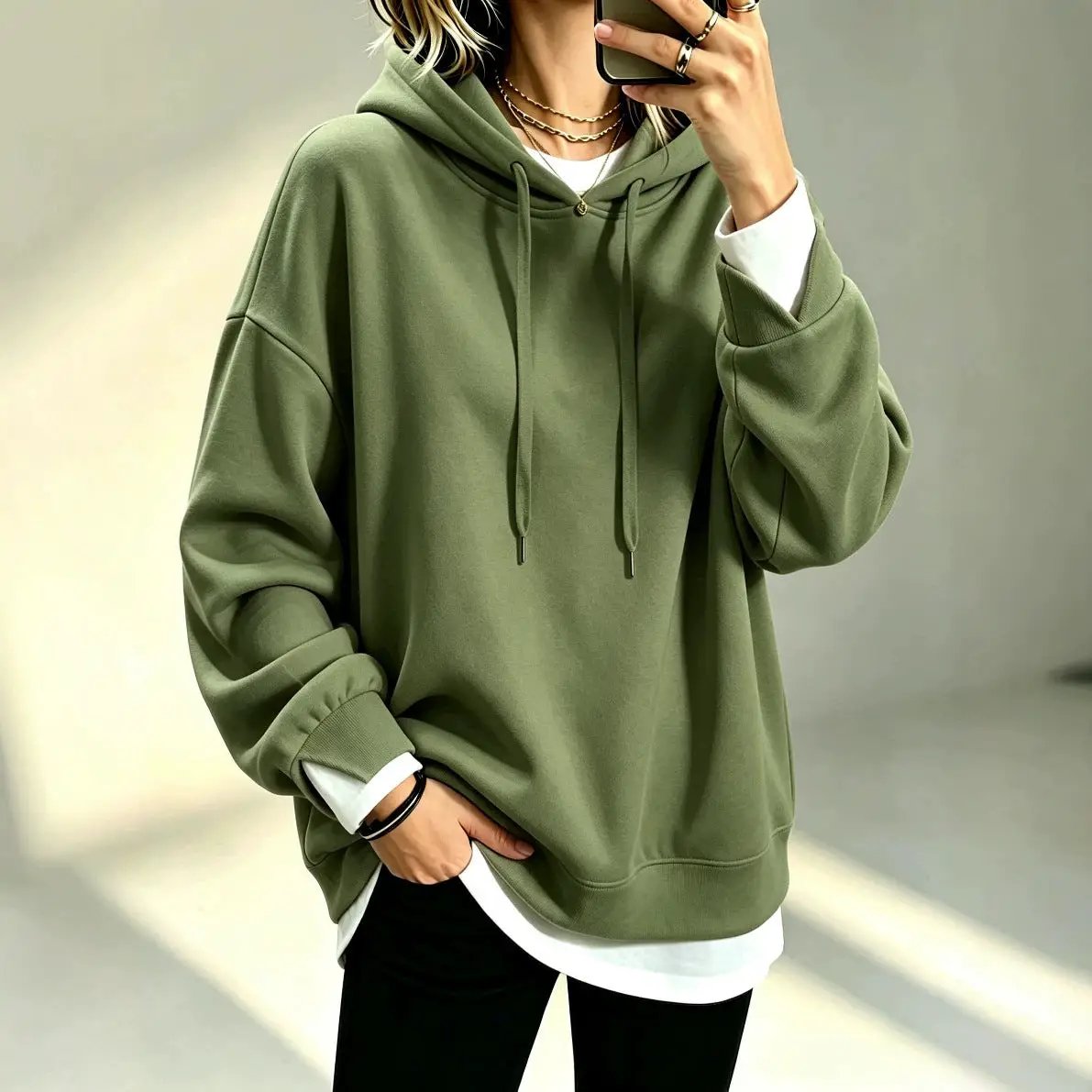 Plus-size loose-fit long-sleeve solid-color hoodie in olive green, by AdTec