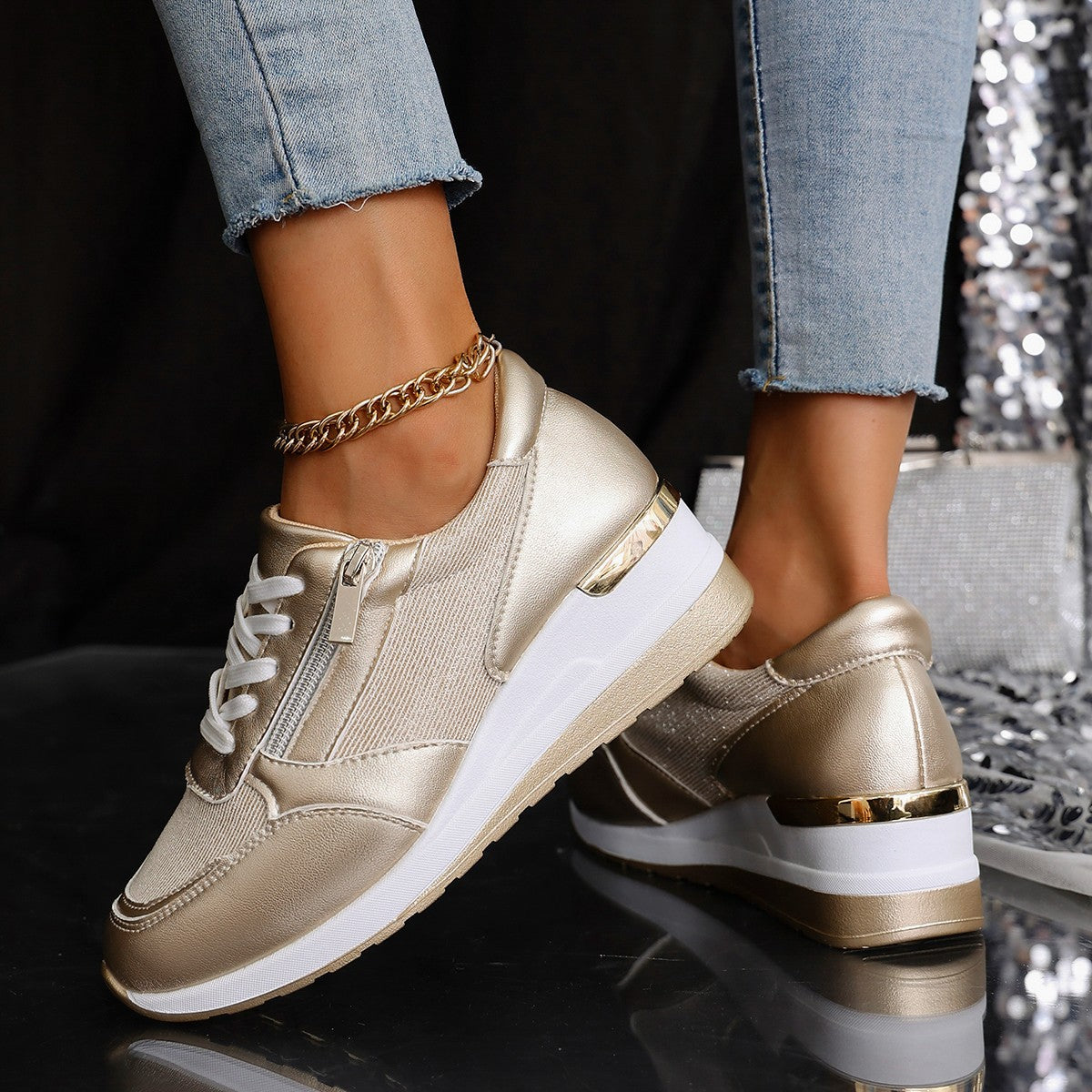 Chaussures décontractées à lacets pour femmes, à fermeture éclair latérale, semelle épaisse, pour la marche, la course et le sport