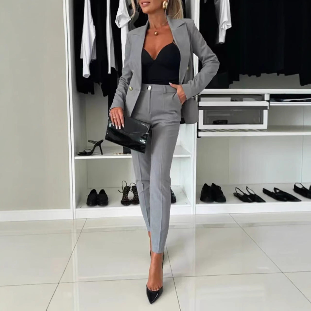 Nuevo Traje Casual Combinable Chaqueta con Botones en la Solapa y Pantalones Slim para el Conjunto de Ropa de Oficina para Mujer