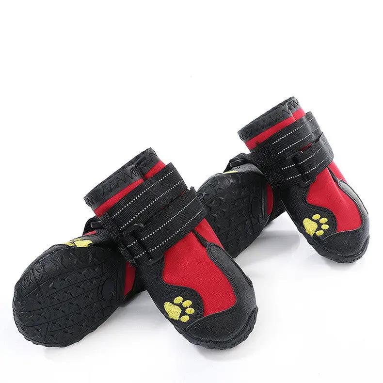 Pet Dog Foot Cover Waterproof Dog Boots by AdTec, red and black with yellow paw prints, pair