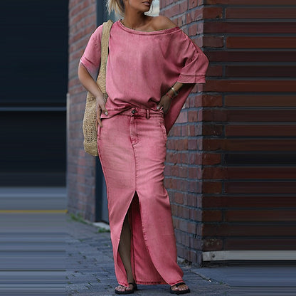 Ensemble jupe deux pièces tendance : haut ample à manches chauve-souris et manches courtes, jupe longue fendue cintrée, patchwork chic. Vêtements pour femmes