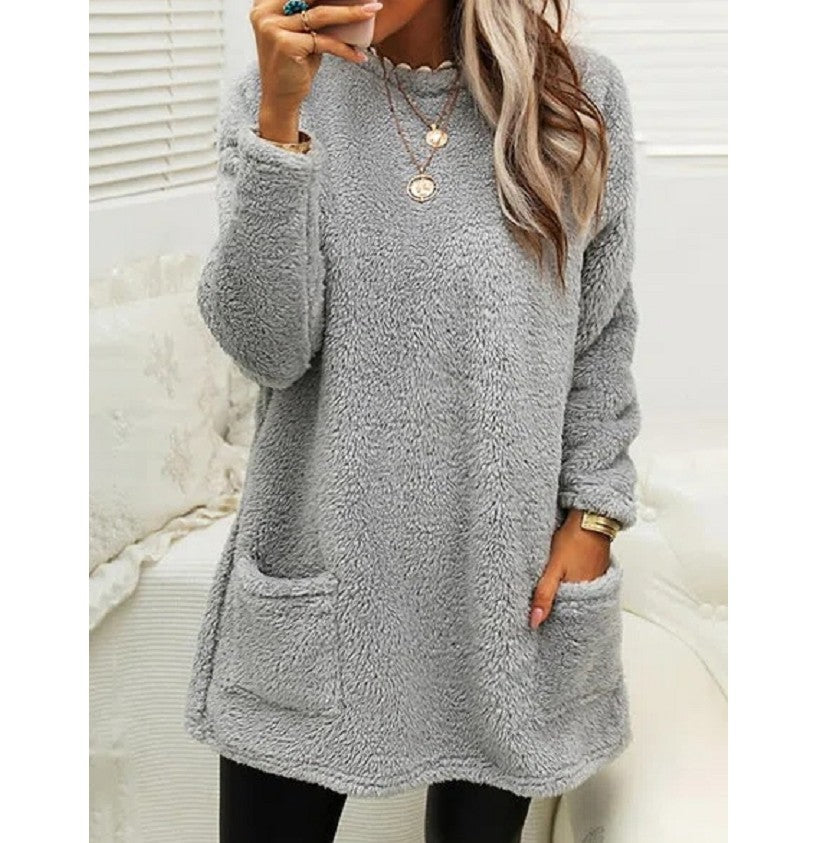 Sweat-shirt pull polaire long pour femmes avec poches Hiver chaud Épaissir Sweatershirt Décontracté Manches longues Peluche Hauts Manteau à capuche Streetwear Tenues amples d'automne Hauts à capuche