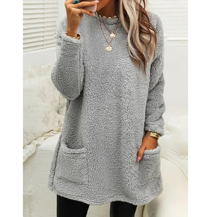 Sweat-shirt pull polaire long pour femmes avec poches Hiver chaud Épaissir Sweatershirt Décontracté Manches longues Peluche Hauts Manteau à capuche Streetwear Tenues amples d'automne Hauts à capuche