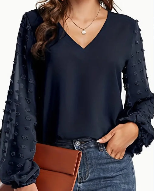 Camisa con cuello en V de lunares suizos - Camisa informal lisa suave y transpirable para la temporada de primavera y otoño, ropa de mujer con ajuste relajado y estilo clásico