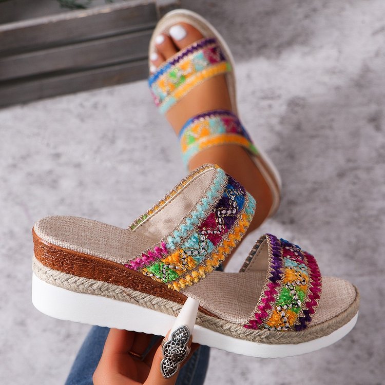 Sandales tressées à motif ondulé tendance, pantoufles décontractées d'été de style ethnique, chaussures compensées à large lanière à semelle en lin pour femmes