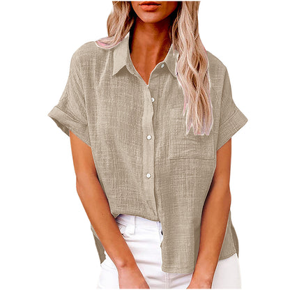 Chemisier Femme Coton Lin Décontracté Manches Courtes à Poche