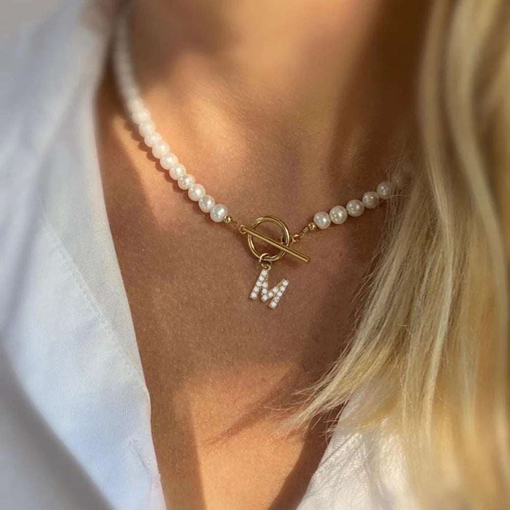 Collier Ornement Perles Chaîne Boucle OT Lettre Incrustée 26