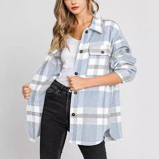 Chaqueta de cuadros con hebilla para mujer, a la moda, informal, de manga larga