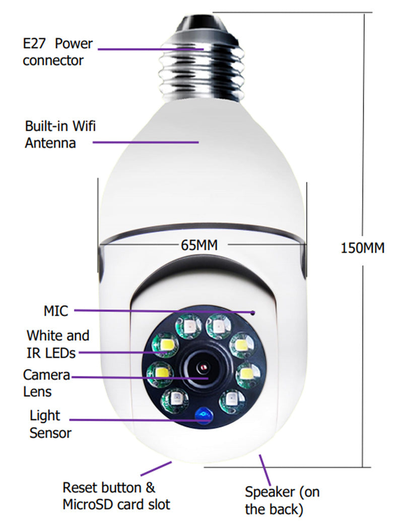 CÁMARA WIFI 1080P Bombilla Cámara 4X Zoom E27 Hogar 5GWiFi Alarma Monitor