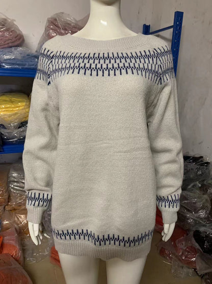Pull en maille décontracté ample à col rond multicolore pour femme
