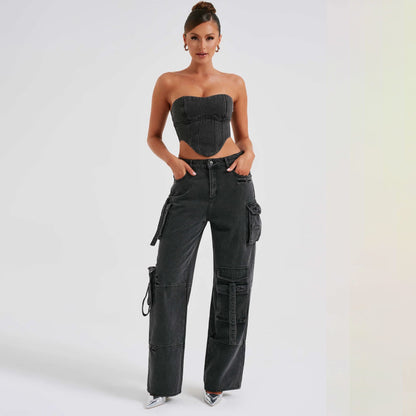 Ensemble femme taille basse, bustier tridimensionnel et jean à coutures avec poches