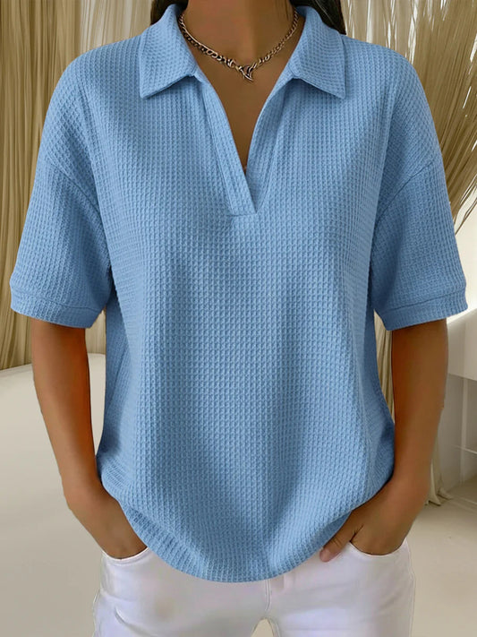 Top tipo suéter de punto gofre liso con cuello en V y corte holgado