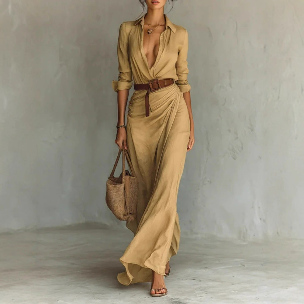 Vestido largo irregular con cinturón, camisa de manga larga con solapa de botones, moda elegante, uso diario para la oficina, ropa para mujer.