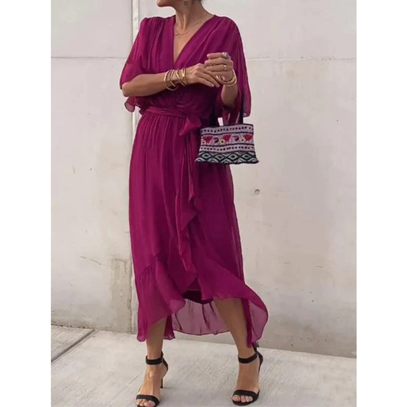 Vestido de verano con escote en V y manga murciélago de color liso con lazo irregular, vestidos largos para mujer
