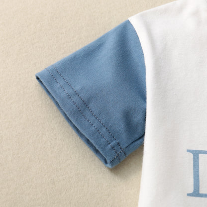 Ensemble T-shirt Enfant Manches Courtes Imprimé Anglais Patchwork Contraste de Couleurs