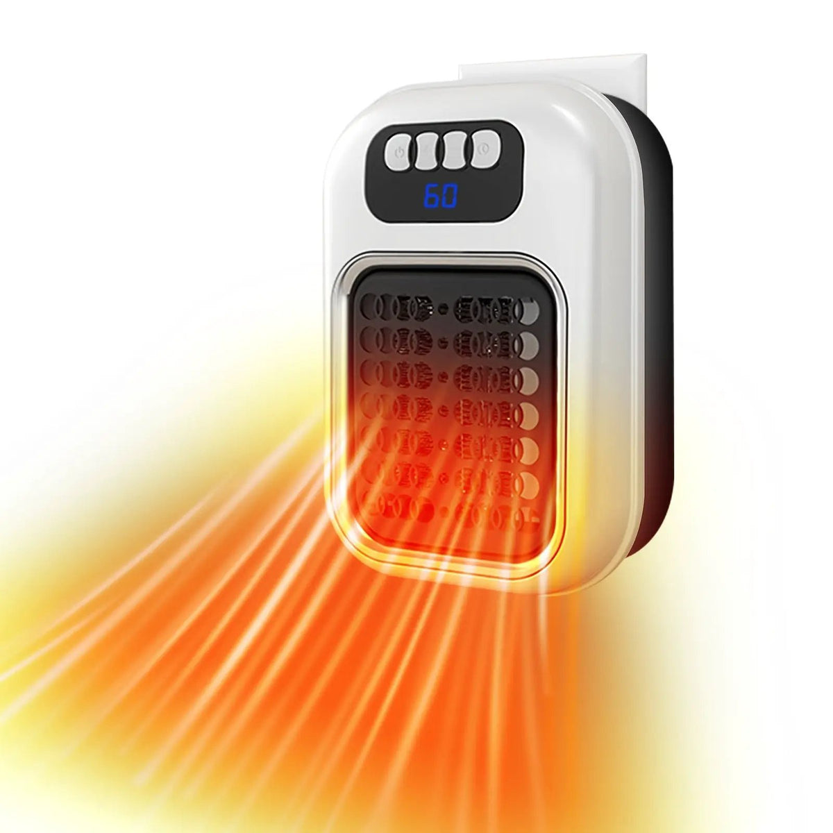 Wall-mounted electric heater with remote control; white finish and blue digital display reading 60