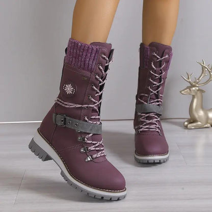AdTec fur-integrated knee-high snow boots, purple with knit cuff, lace-up with buckle strap (pair)