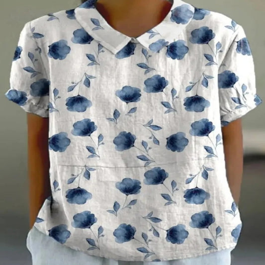 Camiseta de mujer de manga corta con solapa y estampado veraniego