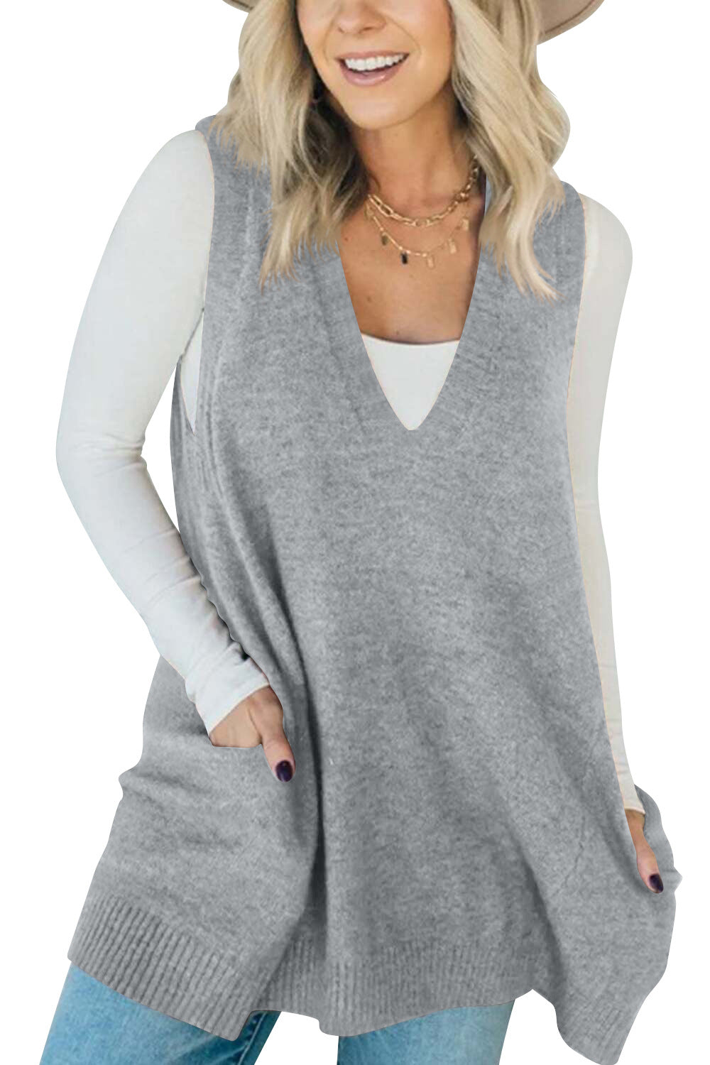 Gilet Jupe en Laine Décontracté avec Poches pour Femme