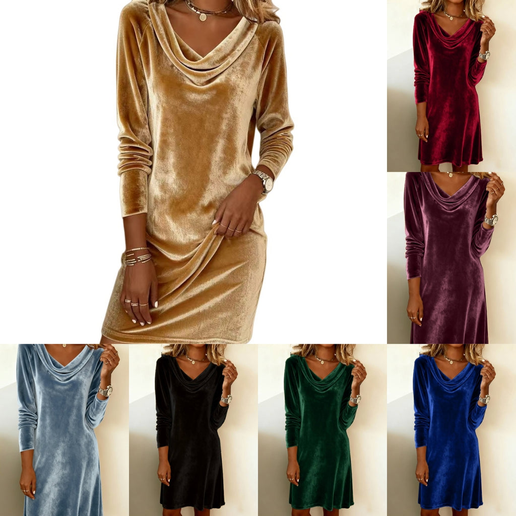 Élégante robe de soirée en velours à col drapé et manches longues de couleur unie, pour femme, tempérament doux, pour cocktails et événements formels