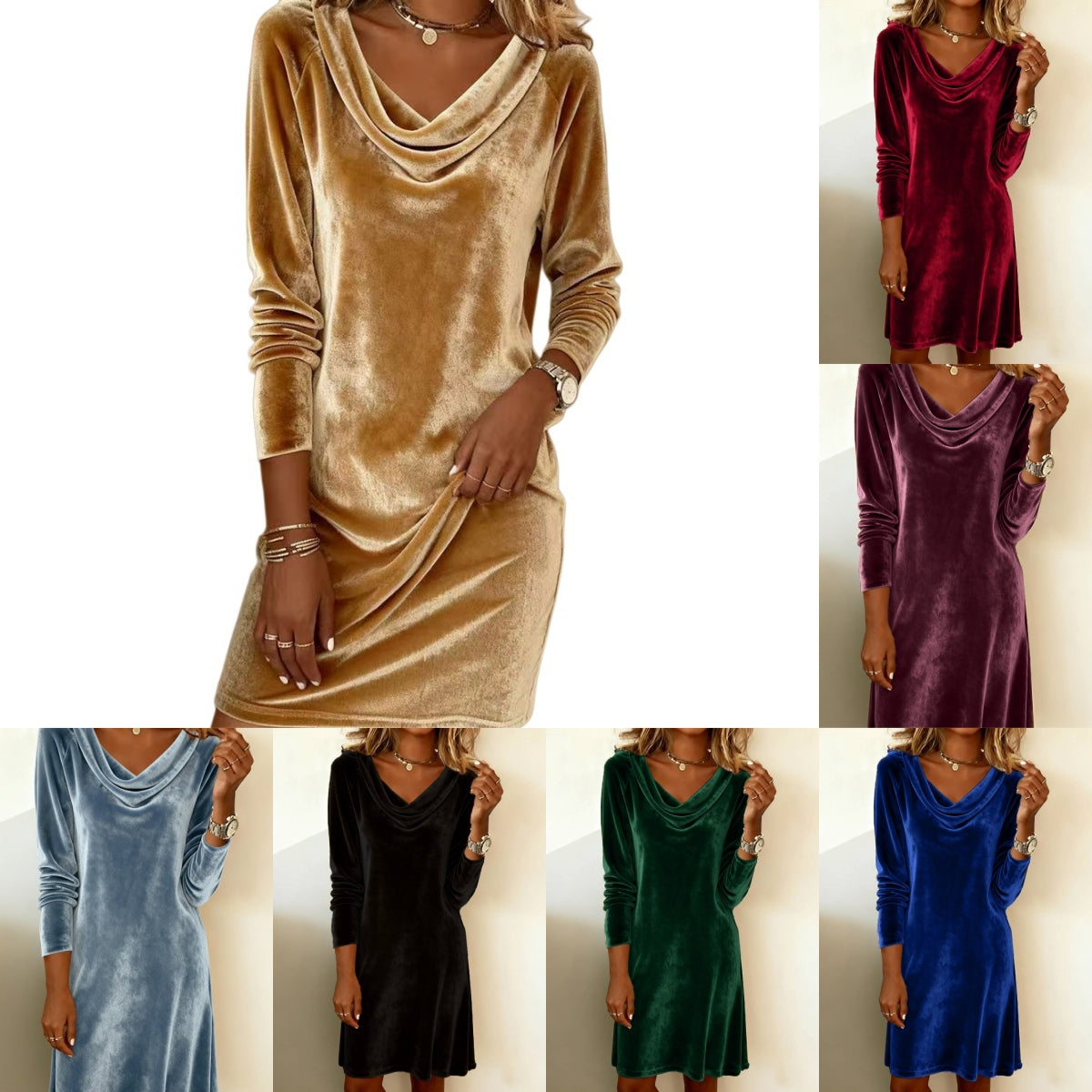 Élégante robe de soirée en velours à col drapé et manches longues de couleur unie, pour femme, tempérament doux, pour cocktails et événements formels