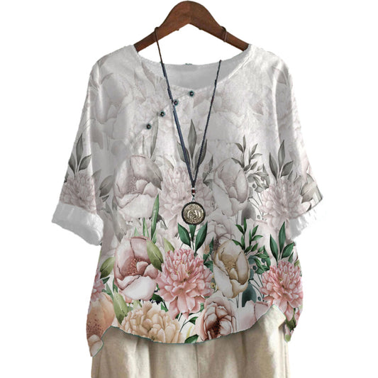Camisa holgada estampada de moda de algodón y lino para mujer