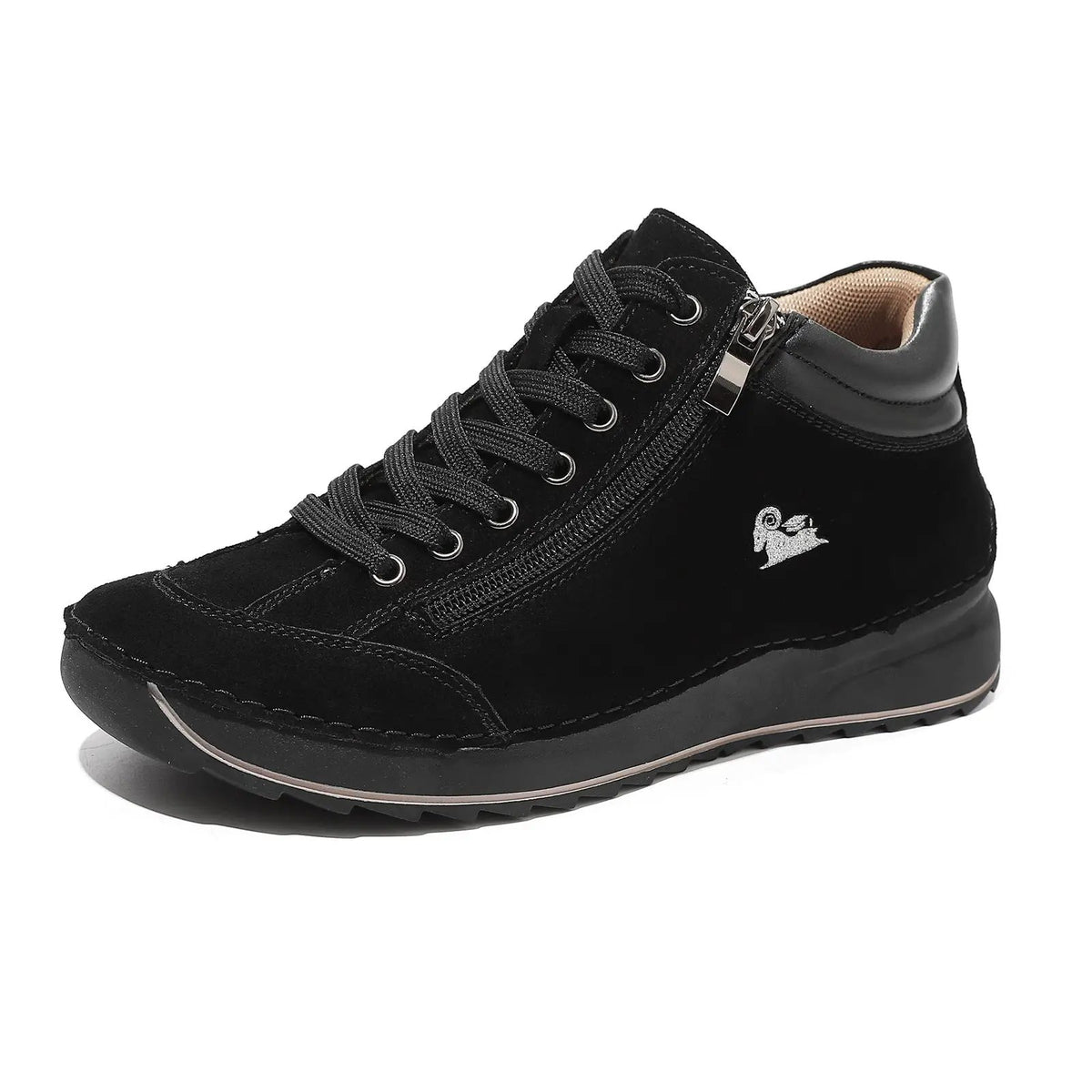 Women's flat black suede shoe by AdTec with lace-up front and side zipper