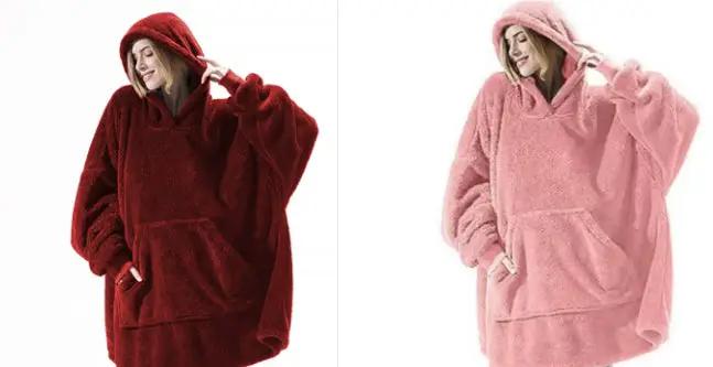 AdTec hoodie sweatshirt in red and pink; two color options with pocket and double-sided fleece wearable blanket.